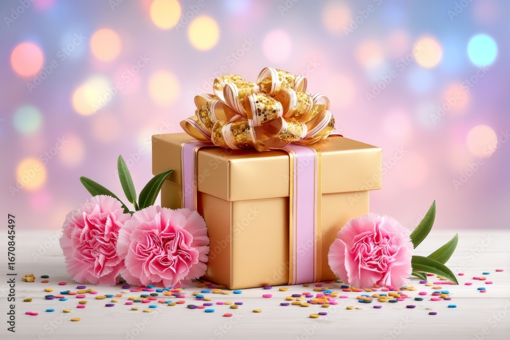 Poster golden gift box with bow and pink carnations on confetti-adorned table with bokeh background