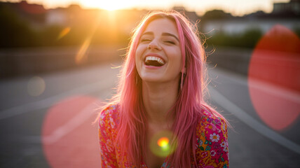 Fototapeta premium A happy young woman with bright pink hair, laughing in a sunlit urban setting with a lens flare. This joyful and unique portrait captures a sense of freedom and individuality.