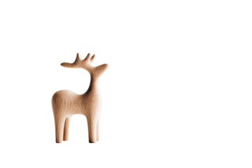 A wooden deer is standing on a white background