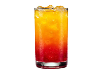 A glass of orange and pink drink with ice cubes