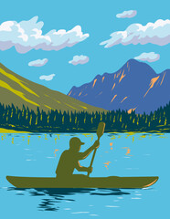 WPA poster art of man in kayak paddling in Lake Josephine located in Glacier National Park, Montana, United States done in works project administration or federal art project style.