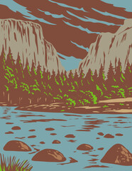 WPA poster art of El Capitan in Yosemite National Park in California, USA done in works project administration style.