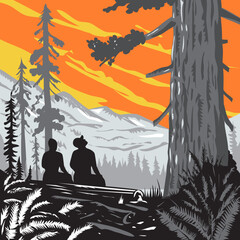 Illustration of hikers sitting on log in Boy Scout Tree Trail in Jedediah Smith Redwoods State Park east of Crescent City in California done in retro woodcut WPA style. 