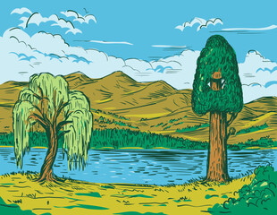 Drawing sketch style illustration of Hume Lake in the Sierra Nevada mountains within Sequoia National Forest, Fresno County, California with willow and sequoia tree. 