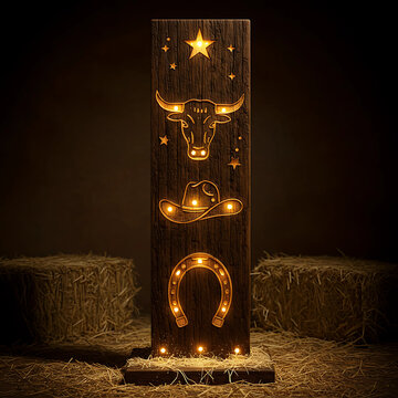 Rustic Wall Art with Bull Heads and Glowing Horseshoe &ndash; Western Theme