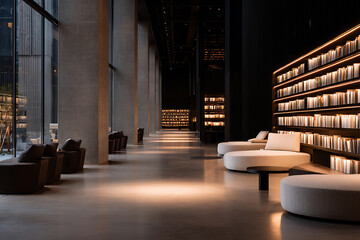 cozy library space, cozy atmosphere, warm lighting, and tall bookshelves create an inviting interior in the library