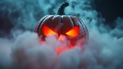 A spooky and bright Halloween. An eerie glowing pumpkin face surrounded by mysterious smoke. A jack-o'-lantern face flickering with orange light. 4k video