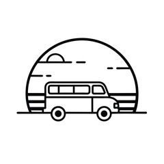 sunset with a retro van driving along a coastal road