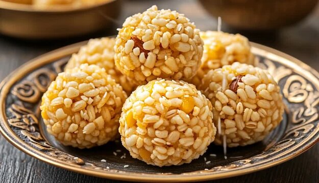 Traditional indian sweet balls made of puffed rice, jaggery, and almonds, served on a decorative plate