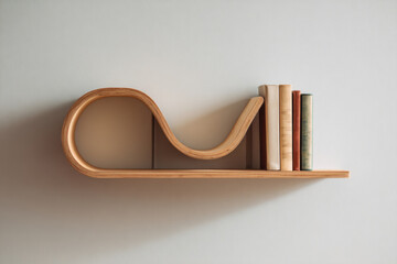 Unique curved wooden bookshelf with books against a minimalist background