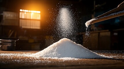 Close-up photo of a pile of granulated white substance being dispensed on wooden surface