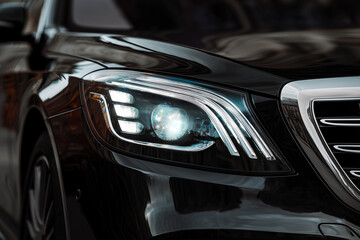 Fototapeta premium detail of the lit headlight of a black luxury car 
