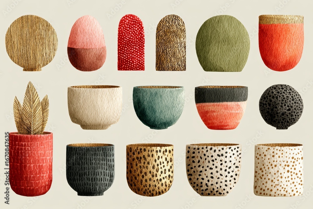 Poster a collection of colorful pots and bowls with various patterns and designs