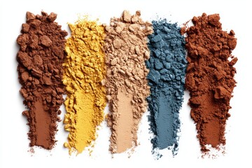 A row of different colored powders, including yellow, brown, and blue
