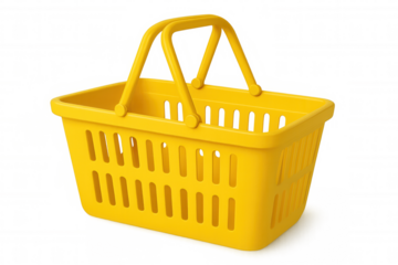 3d rendering of a vibrant yellow shopping basket, ready for consumer goods, isolated on a transparent background