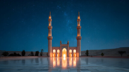 Majestic mosque minarets illuminated at night under a starry sky