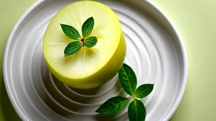 Rotating lemon slice on white plate with green leaves  a fresh citrus display - Powered by Adobe