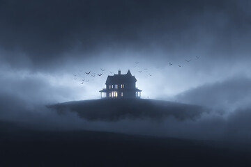Fototapeta premium spooky haunted house, creepy house with glowing windows and bats circling around