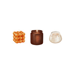 A set of watercolor candles in different shapes and styles. Decorative and scented candles in soft warm tones are perfect for greeting cards, posters, packaging, interior design, seasonal and holiday 