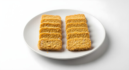 Crispy golden fried tempeh slices artfully arranged on a clean white plate, ready for delicious meals.