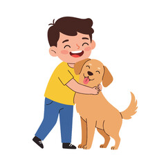 Cartoon illustration of a happy boy hugging a golden retriever dog on a white background with bright colors.