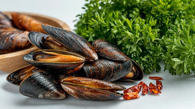 Freshly steamed mussels with herbs and sliced chili on wooden platter  culinary delight sequence