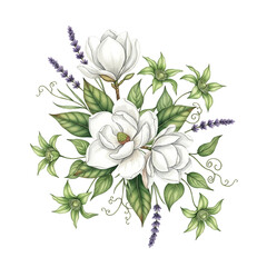 watercolor floral bouquet with magnolia and lavender, elegant spring flower arrangement, hand painted, beautiful botanical illustration, white magnolia and green leaves