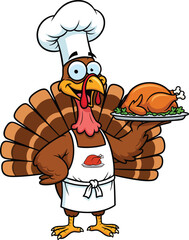 Funny Cartoon Thanksgiving Turkey Dressed as Chef Holding Cooked Turkey on Platter – Humorous Holiday Cooking Illustration