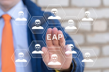 Concept of EAP Employee Assistance Program Business Care. Business person using virtual touch...