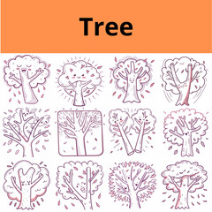 Diverses illustrations d'arbres dessinées à la main dans différents styles et formes