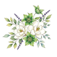 watercolor floral bouquet illustration, hand painted spring flowers arrangement, vintage botanical floral design with green leaves