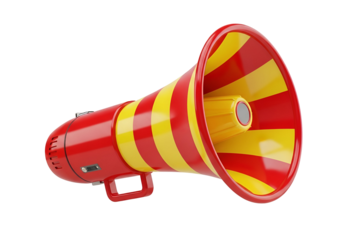 A vibrant, red and yellow striped megaphone stands out against a black background.