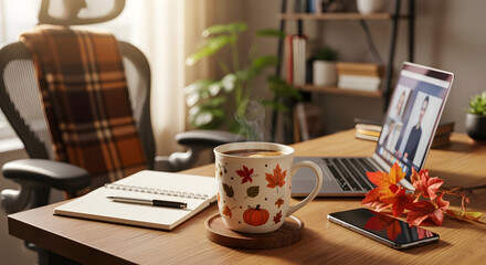 Cozy Autumn Home Office Desk with Laptop Video Call, Steaming Coffee Mug, and Warm Fall Decor in Natural Light