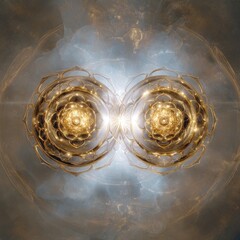 Pair of golden chakras merging into radiant white light, symbolizing unity of consciousness, abstract style, photorealistic lighting
