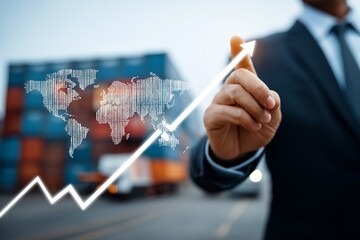 Businessman in suit drawing upward graph with digital world map overlay, shipping containers and trucks in background, concept of global logistics growth, investment, and freight performance