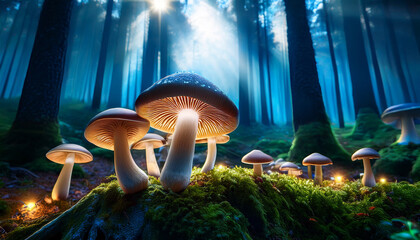 glowing mushrooms in enchanted forest with pulsating light and magical ambience