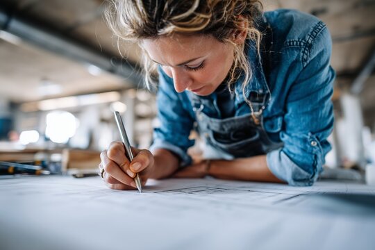 Focused female carpenter in denim shirt sketching and designing new parts in workshop, concept of craftsmanship, creativity, and woodworking design