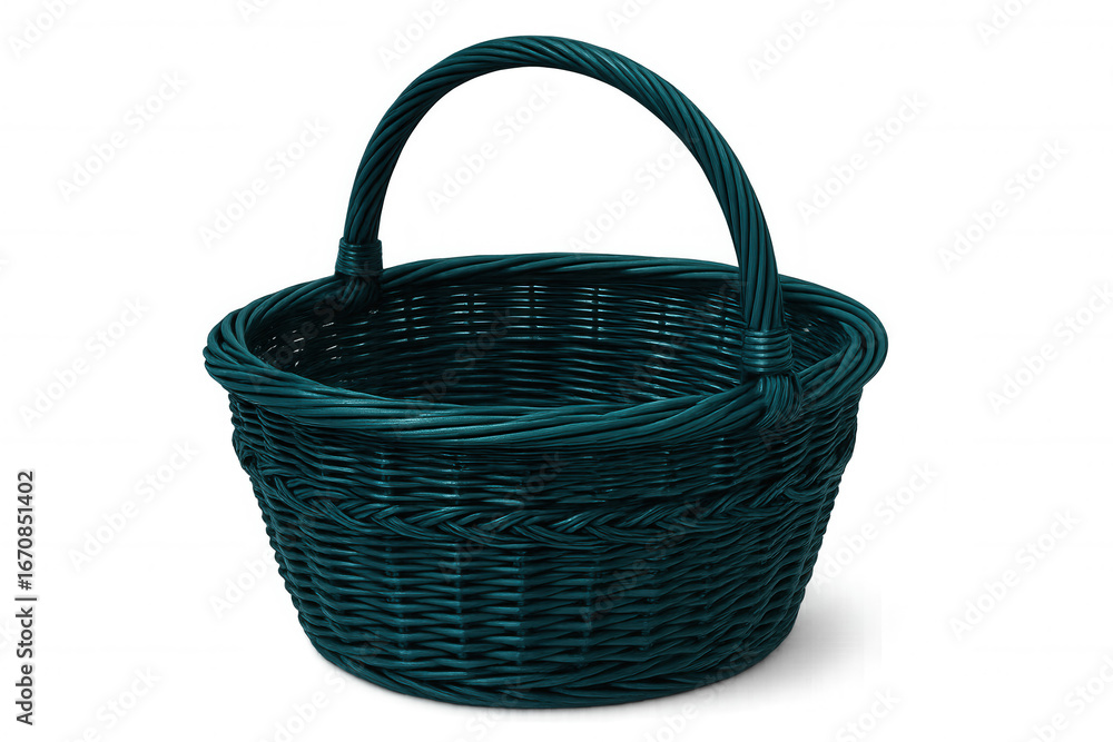 Poster teal wicker basket with reinforced handle, floating on transparent backdrop, highlighting textural w