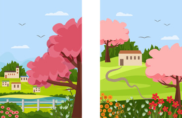 Spring nature landscape illustrations. Scene with village houses, blossoming trees, flowers and path. Fence, river and green hills with village settlement. Countryside illustration. Vector