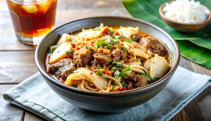 Hearty Bowl of Southeast Asian Beef Noodle Soup with Iced Tea