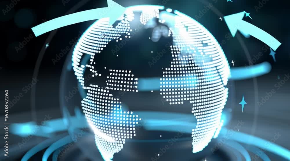 Poster transparent globe projection hovers above a digital interface displaying rotating arrows. modern tec