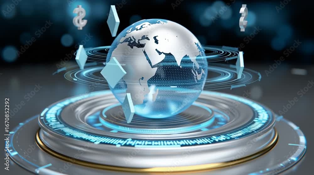 Poster transparent globe projection hovers above a glossy platform, displaying detailed world map and data 