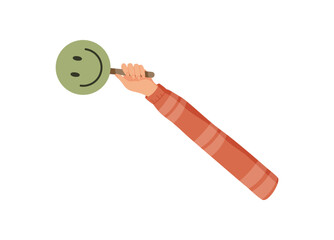 Cartoon style hand holding a feedback circle. Hand gesture presenting satisfaction and opinion with a positive review symbol. Isolated element ideal for rating, business, or customer concepts.