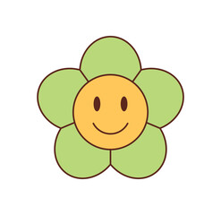 Groovy retro flower smile sticker cartoon with happy cute pop style in soft yellow color. Groovy element and y2k cartoon, ideal as playful happy pop sticker or cheerful decorative flower accent.