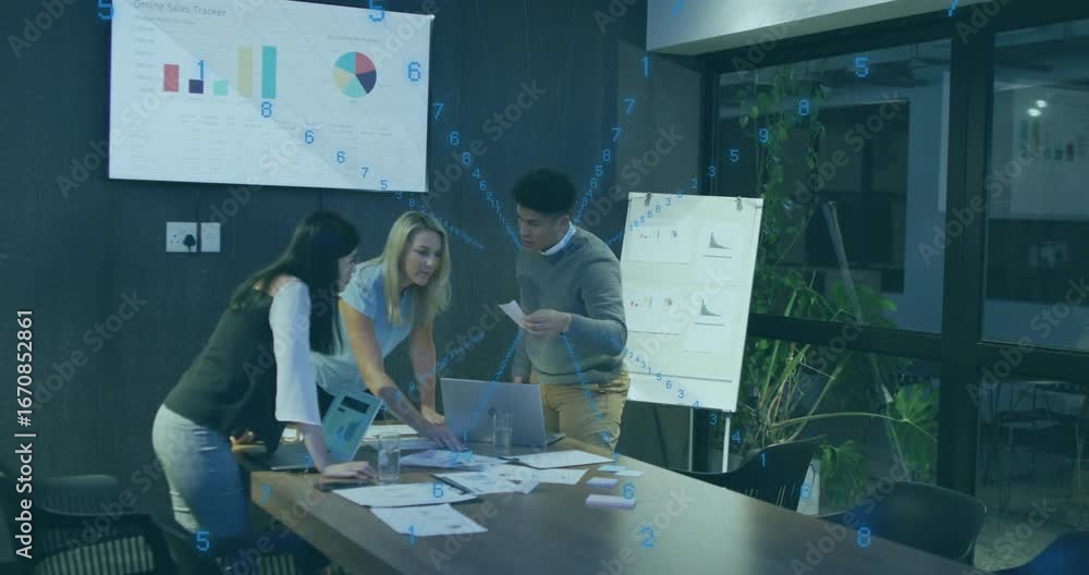 Poster as q4 sales slide displaying stats, lead pointing at chart guiding colleagues reviewing laptop data