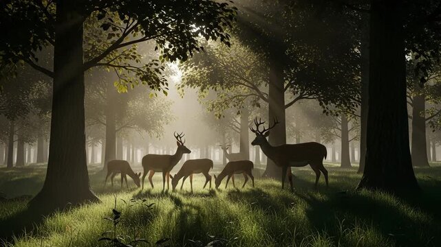 For Animal Welfare Day: deer family at sunrise in misty forest, symbol of peace, freedom and protection of nature.