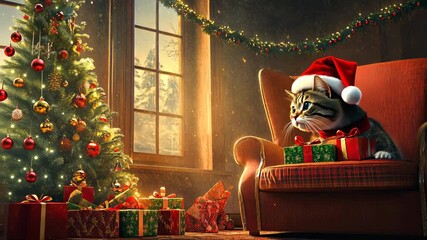 Festive kitten in santa hat with christmas gifts by the window - Powered by Adobe