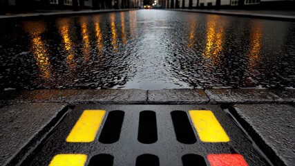 Rainwater Flowing into Street Drain with Reflections of City Lights – Video for Urban Infrastructure, Environment Campaigns, Safety Awareness, Dark Wet Tones, Cinematic Motion