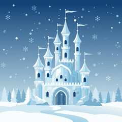Fototapeta premium Ice castle with frozen ornaments, winter wonderland, snow, blue and white colors, fantasy concept, vector