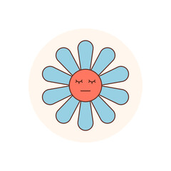Groovy retro flower face sticker emblem with round blue circle and cute y2k style. This playful package lid graphic adds a stylish accent to product or branding.